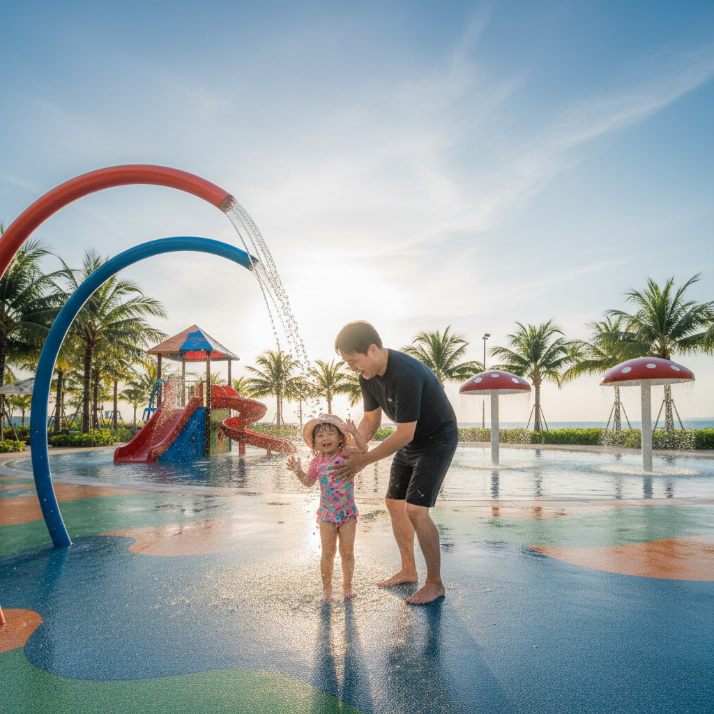 다낭 가족 리조트 추천, 36개월 아이가 리조트 내 스플래시 워터파크에서 아빠와 함께 안전하게 물놀이를 즐기는 모습