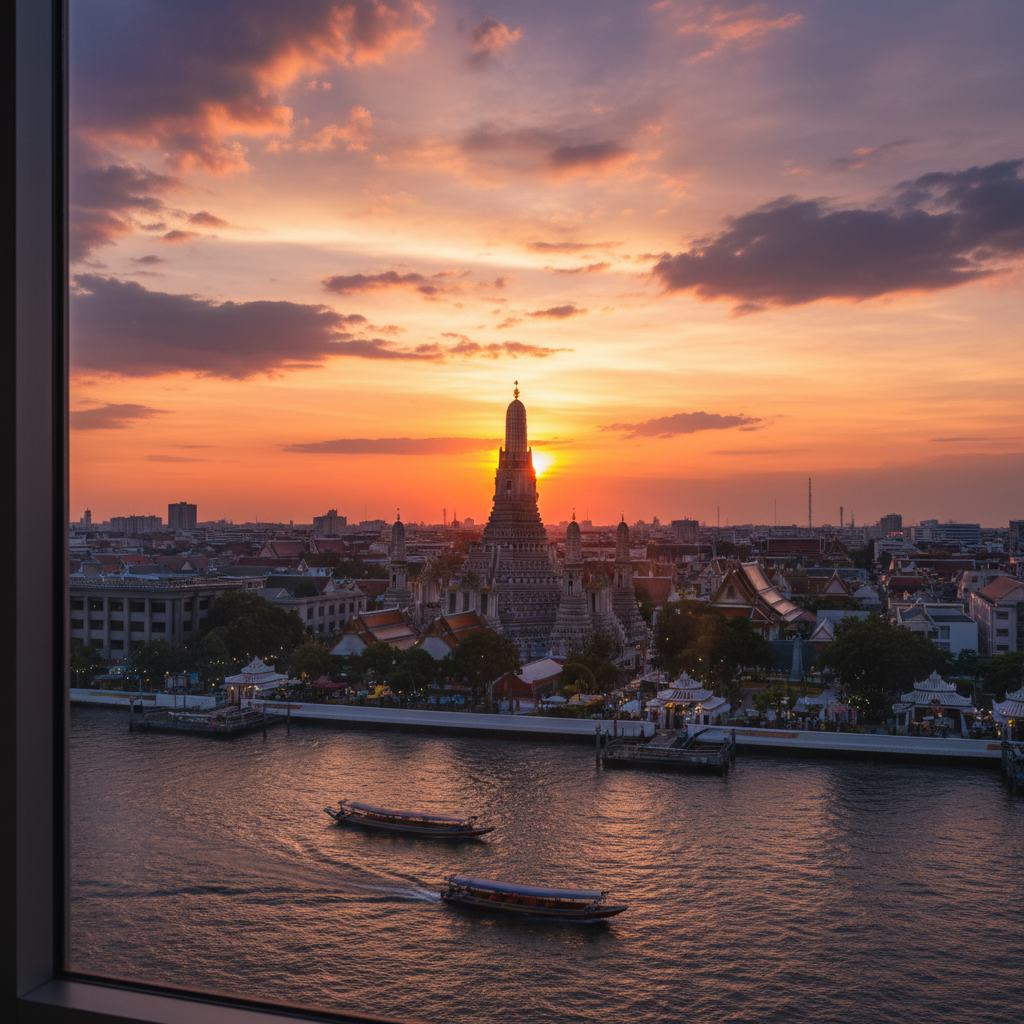 호텔 창문 너머로 보이는 왓아룬과 짜오프라야 강의 아름다운 일몰 풍경, 왓아룬 야경 숙소 베스트.