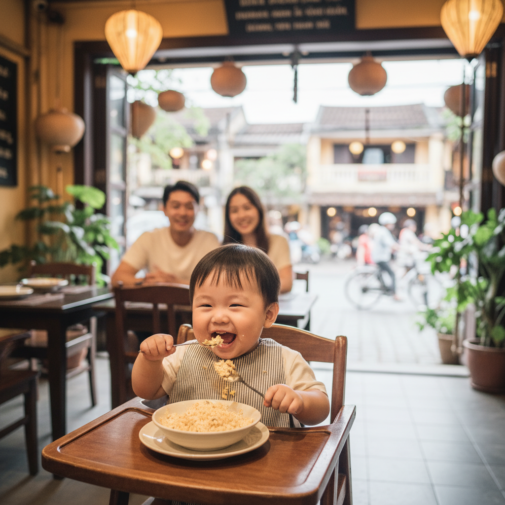 아이와 다낭 호이안 맛집, 36개월 아이가 호이안 식당의 아기의자에 앉아 계란 볶음밥을 맛있게 먹고 있는 모습