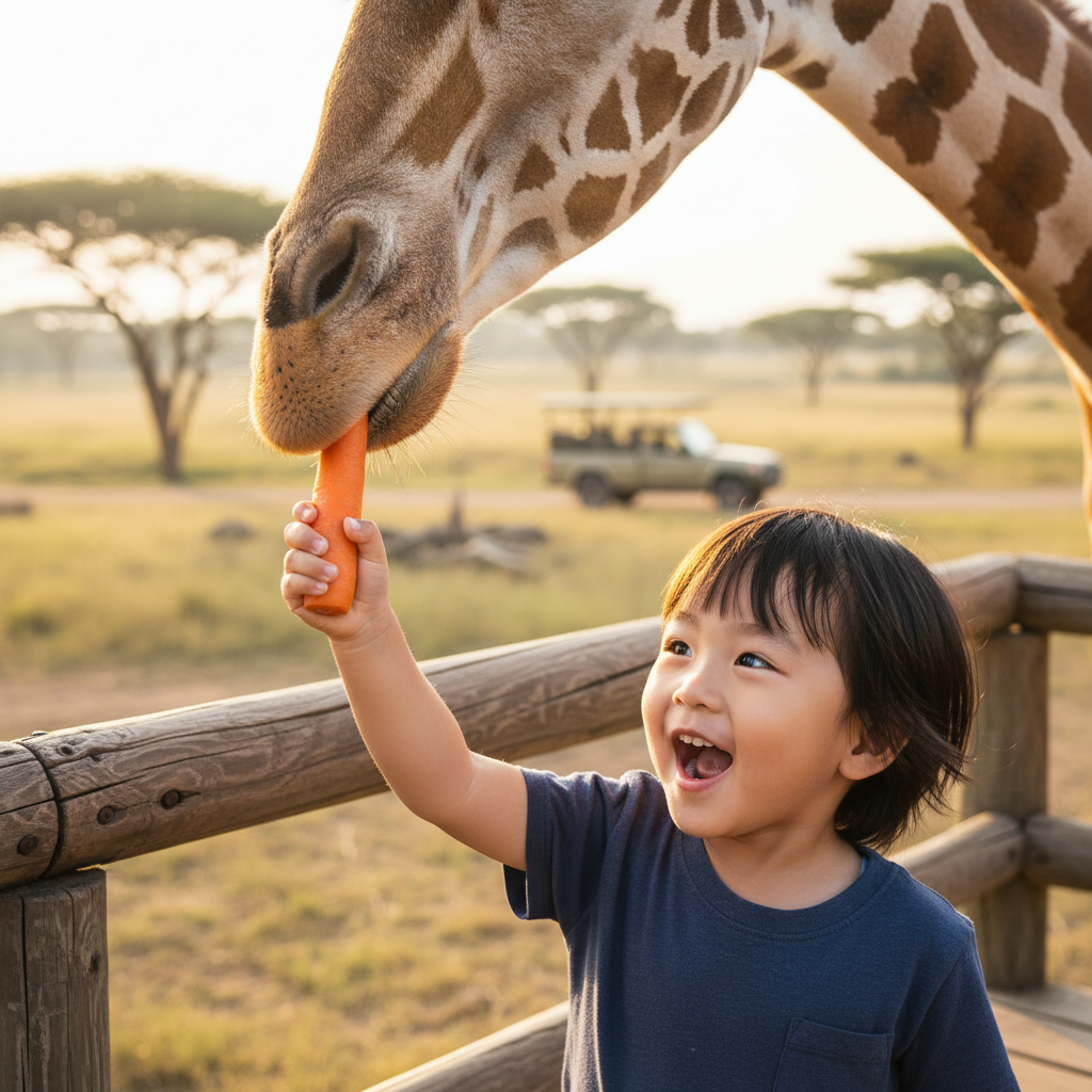 푸꾸옥 빈펄 사파리 기린 레스토랑에서 아이가 기린에게 직접 먹이를 주는 감동적인 순간, 푸꾸옥 여행 필수 액티비티