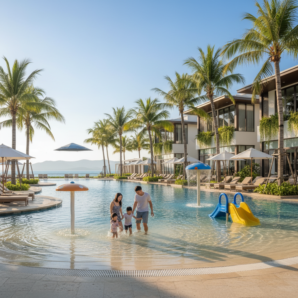 푸꾸옥의 고급 키즈 리조트 수영장에서 즐겁게 물놀이하는 가족, 아이와 함께하는 완벽한 휴양을 보여주는 이미지