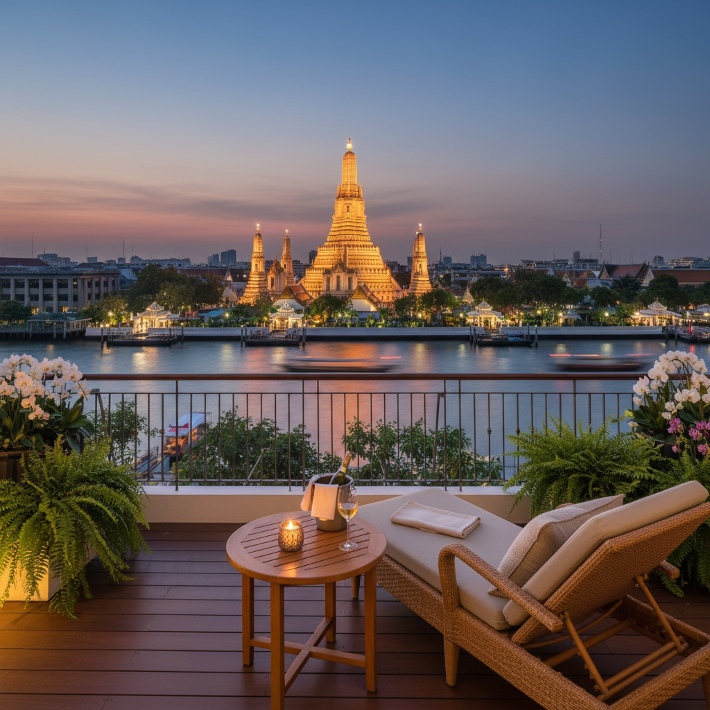 고급스러운 호텔 발코니에서 바라본 방콕 왓아룬 야경의 환상적인 모습, 방콕 왓아룬 뷰 숙소 추천.