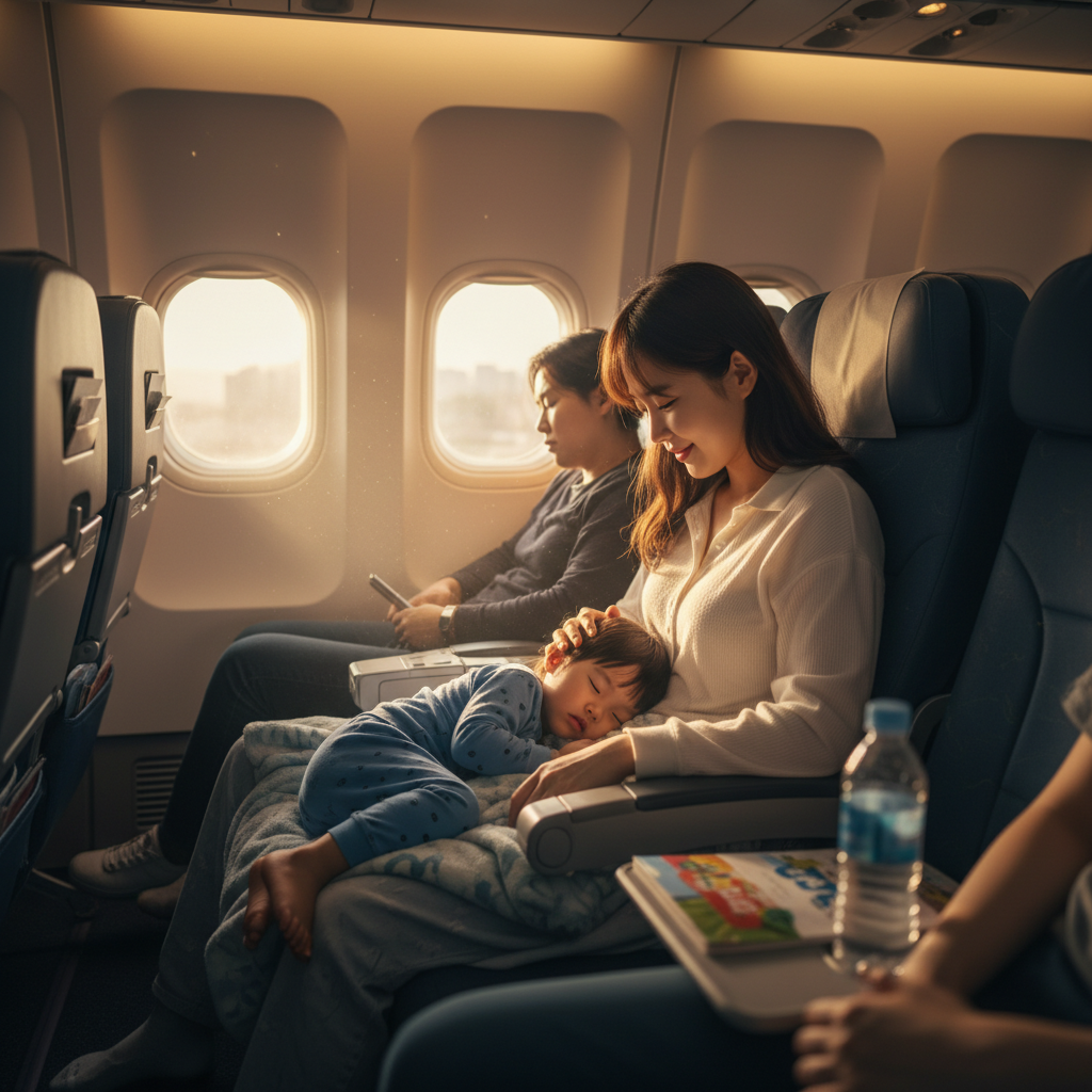 36개월 아이와 다낭 비행기 탑승, 아이의 낮잠 시간에 맞춰 평화롭게 여행하는 엄마와 아이의 모습