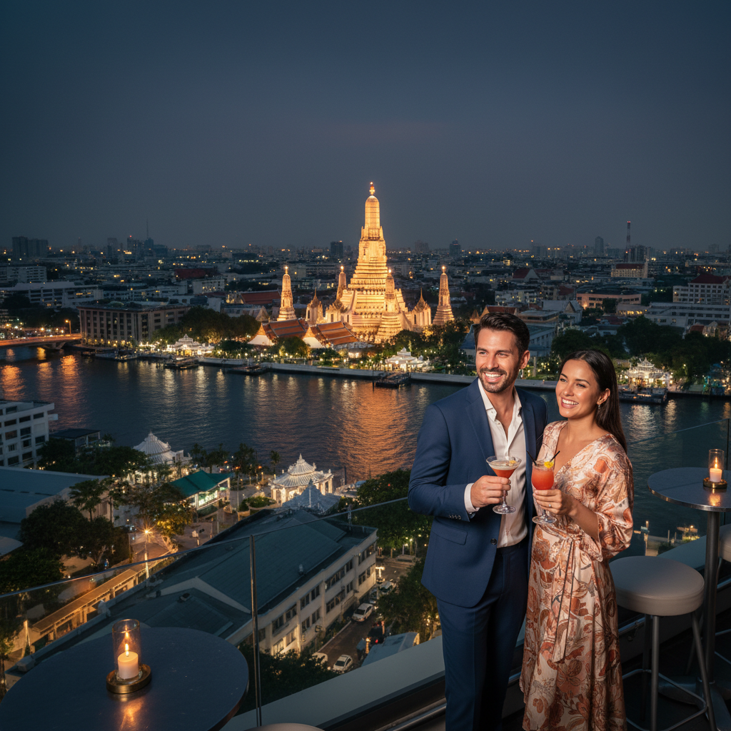 방콕 루프탑 바에서 왓아룬 야경을 배경으로 칵테일을 즐기는 커플, 방콕 왓아룬 뷰 숙소 추천.