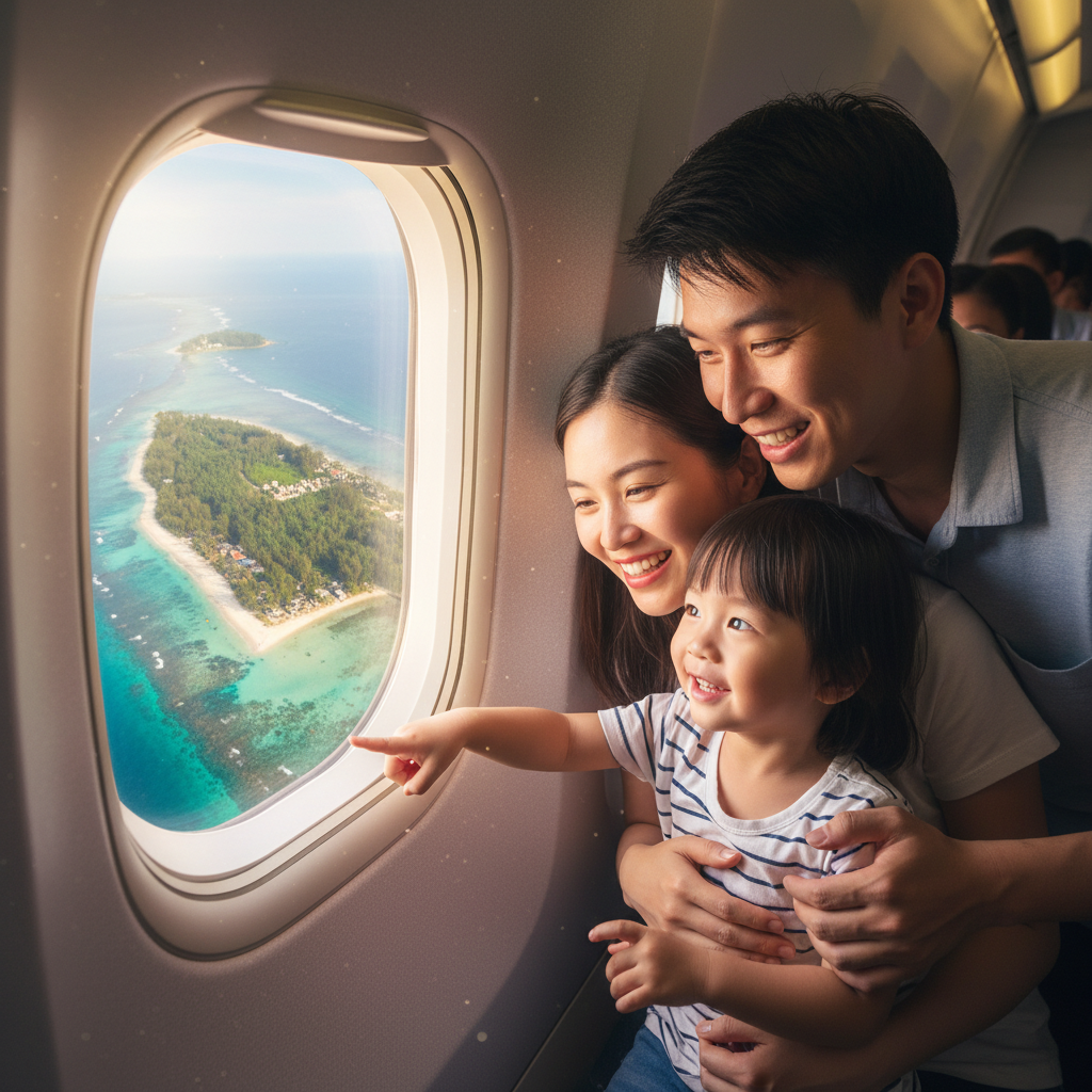 비행기 창밖으로 보이는 푸꾸옥 해변을 보며 설레는 아이와 가족의 모습, 짧은 비행 푸꾸옥 가족여행의 시작을 알리는 이미지