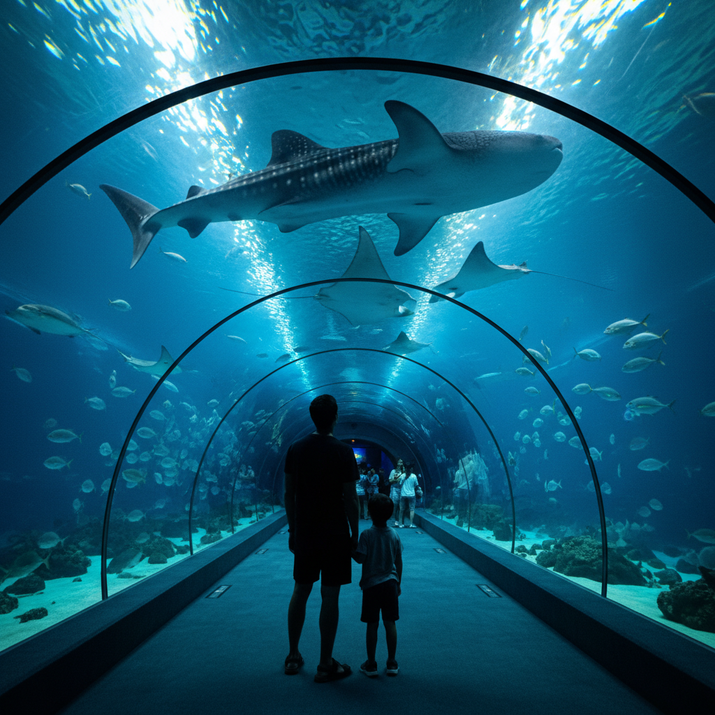 푸꾸옥 빈원더스 아쿠아리움의 거대한 수조 터널 아래에서 상어를 바라보는 아이와 아빠의 뒷모습, 시원한 실내 여행지 모습
