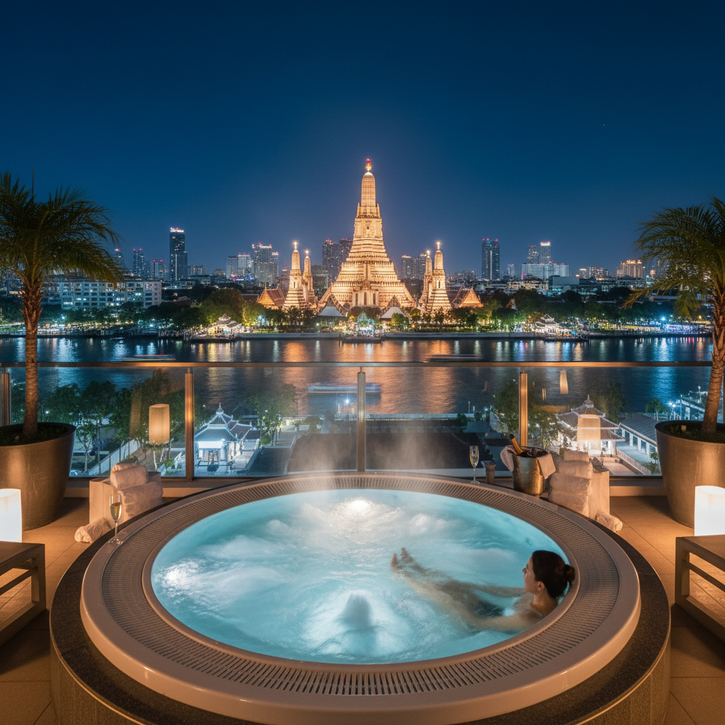 프라이빗 자쿠지에서 왓아룬 야경을 감상하는 모습, 방콕 왓아룬 리버뷰 호텔에서의 특별한 경험.