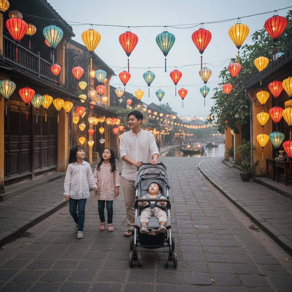 36개월 아이와 호이안 여행, 휴대용 유모차를 타고 등불이 아름다운 호이안 구시가지를 구경하는 가족의 저녁 풍경