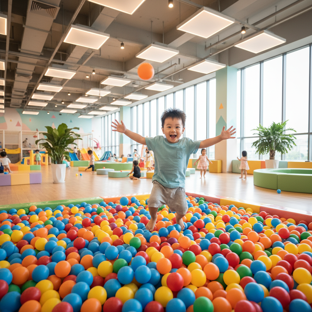 다낭 실내 놀이터 추천, 롯데마트 키즈카페의 대형 볼풀장에서 아이가 신나게 점프하며 놀고 있다
