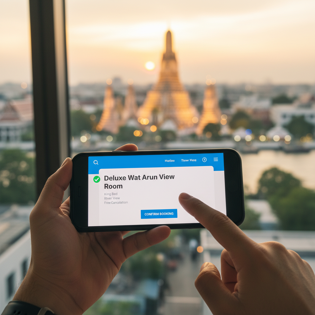 스마트폰으로 '왓아룬 뷰'가 명시된 객실을 예약하는 모습, 방콕 왓아룬 뷰 숙소 예약 꿀팁.